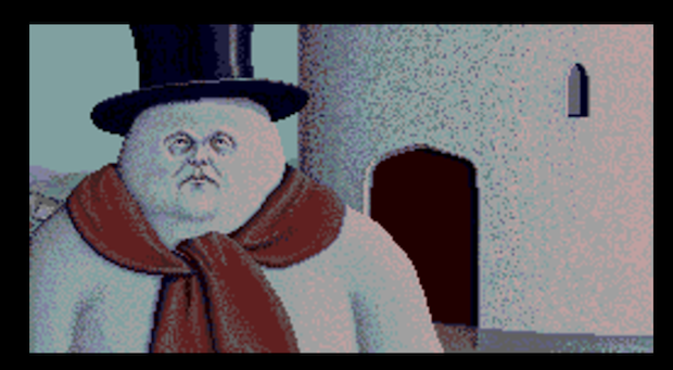 screenshot of a creepy snowman from the Pawn