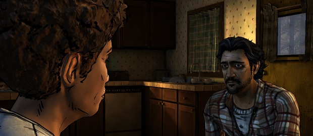 Clem wearing a chequered shirt, wig and Big-Eyed Benicio Del Toro Halloween mask while looking at a lady.