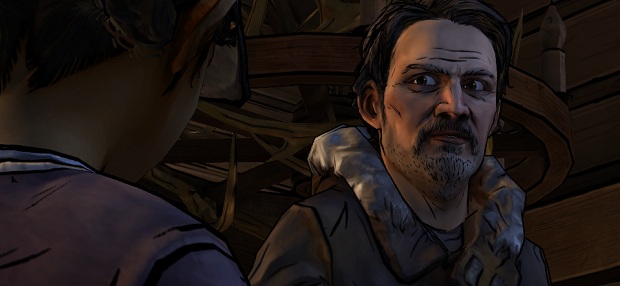 This looks like a picture of a man with a moustache looking at Clem but it's actually a picture of Clem looking at a man with a moustache.
