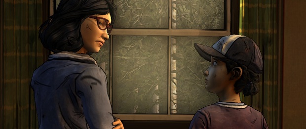 Clem looking at a girl who is wearing glasses.
