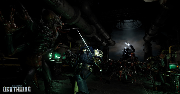 Screenshot staged half a second before the Space Marine was sliced to ribbons.