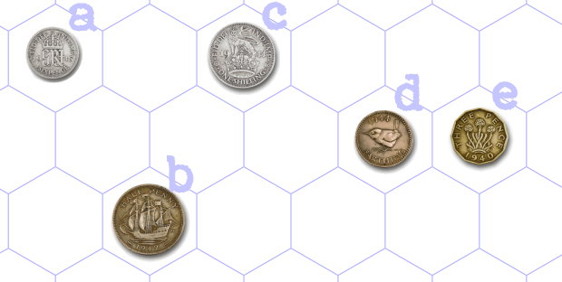 Can coins a, b and c see the threepenny bit (e) or is it obscured by the farthing (d)?