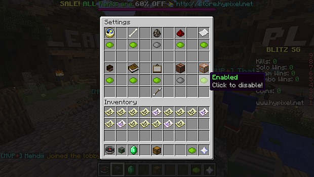 On each server, the inventory hotbar is used as a menu – select the option access it with a right click, which usually brings up an inventory screen. Item icons then point to further options.