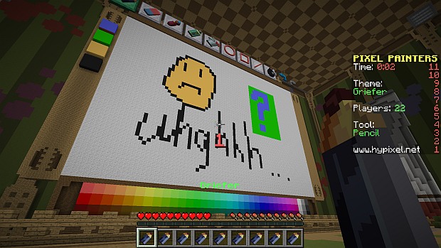 Pixel Painters, which is Build Battle but for pixel drawings, is a recent addition to Hypixel. Admins have access to a tool called Dongdar, which automatically sends drawings of penises to a mesmerising Slack channel that someone’s constantly watching to ban and remove.