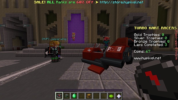 Custom helmets and karts are enabled by resource packs, which are automatically downloaded from the server as needed.