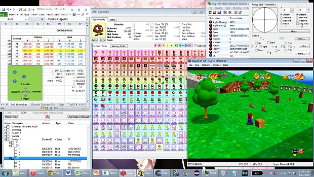 A screenshot of a desktop with everything a tool-assisted speedrunner needs while playing.
