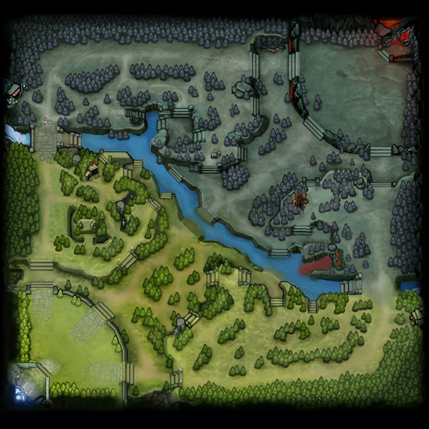 Dota 2 basic map showing terrain layout and pathways