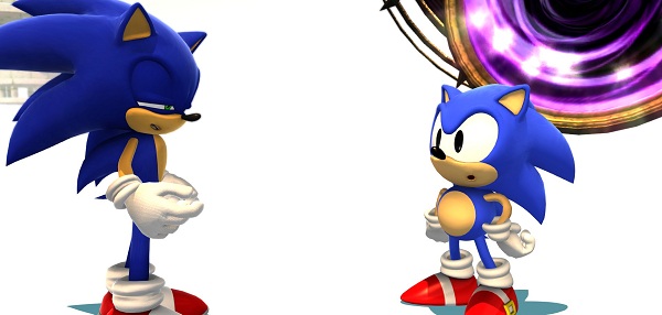 Little pudgy Sonic is looking at his older self and thinking, 'man, I turn into an asshole'