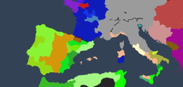 This is the map of the local world as we leave chapter one. The large orange/brown mass in the middle of Iberia is the Dhunnunid Emirate. They're at war with us now and even though Iberia is united under the faith, there's going to be a lot of bloodshed in the future. France is just being weird and vaguely multi-coloured as usual.
